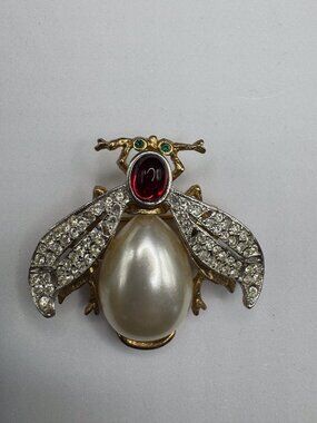 Donald Stannard Bee Brooch Faux Pearl Rhinestone Red Cabochon Pin